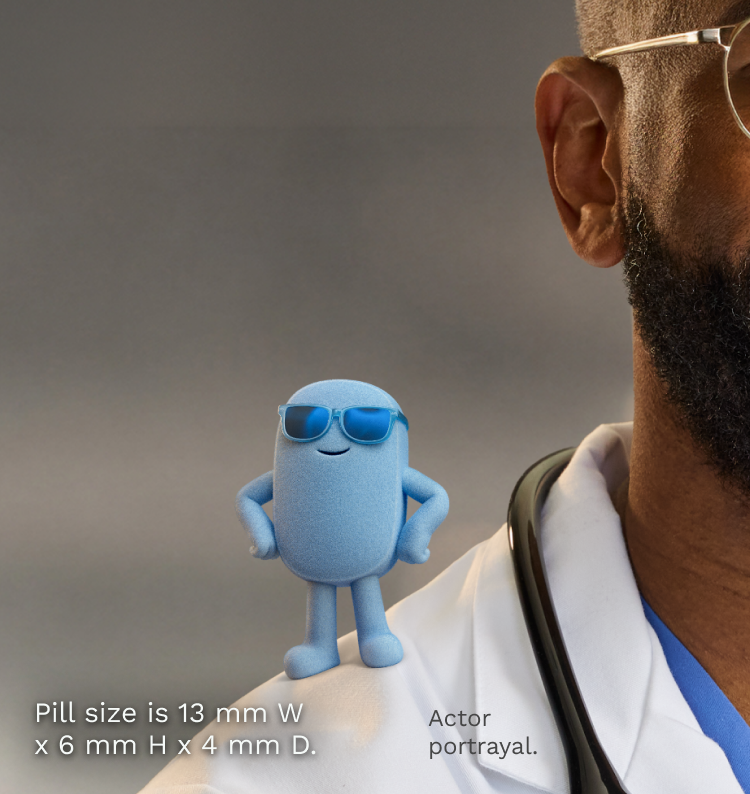 Healthcare provider in a white coat with a small blue pill character representing DESCOVY standing on the HCP's shoulders.